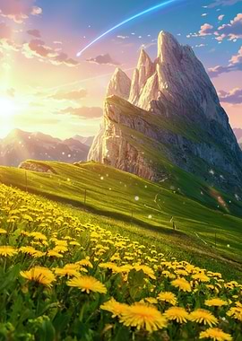 Mountain Landscape with Dandelions and Comet