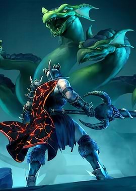 Warrior facing a multi-headed serpent