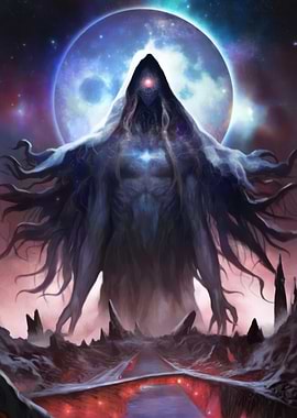 Cosmic Entity with Moon Background