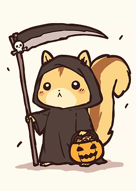 Cute Squirrel Grim Reaper Halloween Cartoon