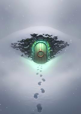 Mystical Glowing Door in Snowy Stone Sanctuary