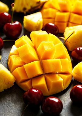 Fresh Mango, Pineapple, and Cherries
