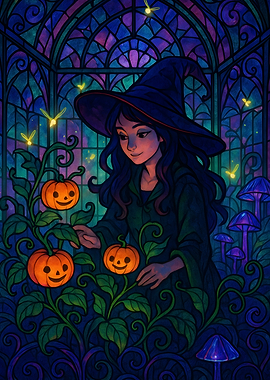 Cute Halloween Witch Stained Glass