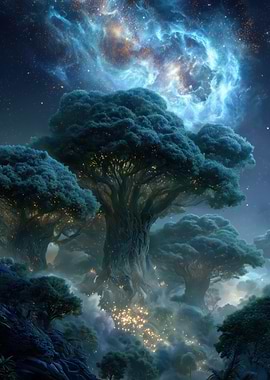 Mystical Trees Under a Nebula Sky