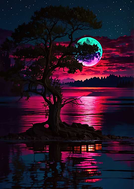 Night Landscape with Tree and Moon