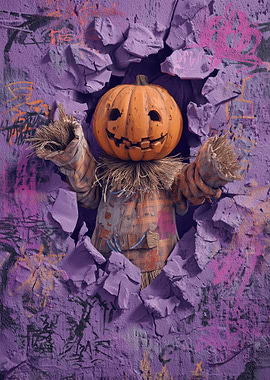 Halloween Pumpkin Scarecrow Breaking Through Wall