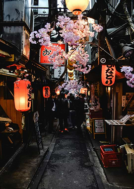 Japanese Alleyway with Lanterns and Cherry Blossoms