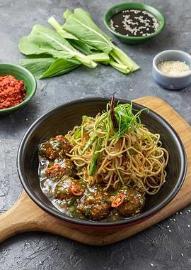Noodle Bowl with Meatballs and Greens