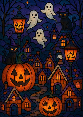 Halloween Stained Glass Village