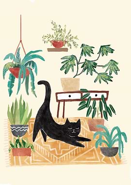 Black Cat Stretching Among Houseplants