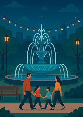 Family walk in the park at night