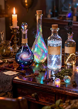 Magical Potion Bottles on Wizard's Alchemy Table