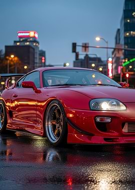 Red Toyota Supra in Cityscape