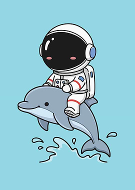 Astronaut riding a dolphin cartoon illustration