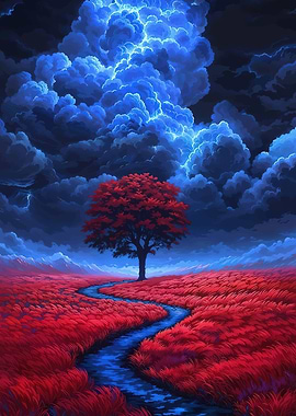 Red Field, Tree, and Stormy Sky