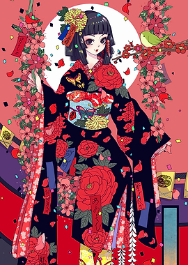 Anime Girl in Kimono with Floral Accents