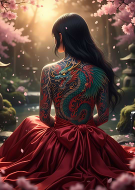 Woman with Dragon Tattoo in Cherry Blossom