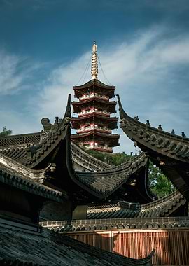 Ancient Chinese Pagoda and Rooftops