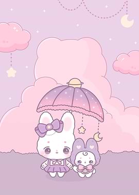 Cute Bunny Friends Under Space Umbrella