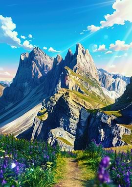 Majestic Mountain Landscape with Floral Path