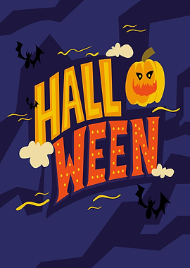 Halloween Illustration with Pumpkin and Bats