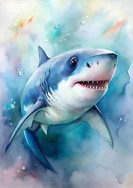 Watercolor Baby Shark Portrait