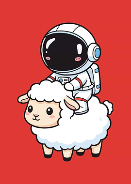 Astronaut Riding Sheep Cartoon Illustration