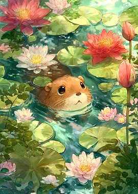 Cute Beaver in Lily Pond