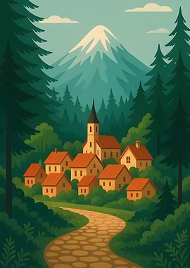 Mountain Village Landscape Illustration