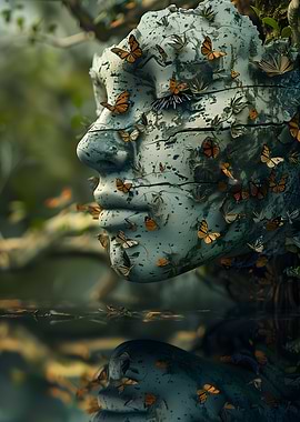 Stone Face with Butterflies Reflection