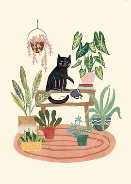 Black Cat and Plants Illustration