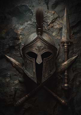 Ancient Spartan Helmet and Crossed Spears