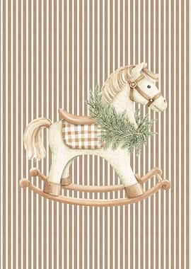 Watercolor Rocking Horse with Christmas Wreath