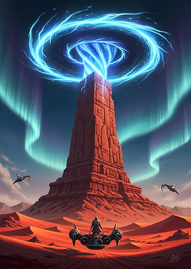 Energy Tower in Red Desert with Spaceships and Hovercraft Explorer