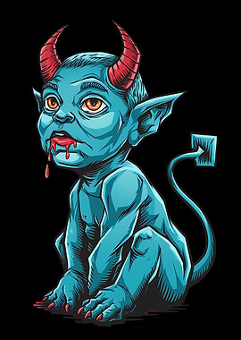 Cartoonish Blue Devil with Red Horns