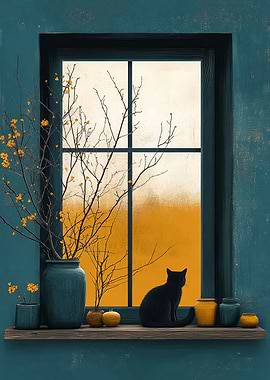 Black Cat by Window Still Life