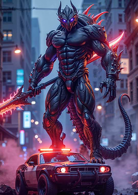 Cyberpunk Alien on Car in Cityscape