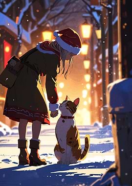 Girl and Cat in Winter Street