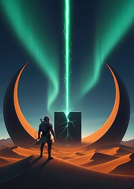 Mystic Desert Cube Under Aurora Lights