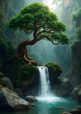 Lush Waterfall with Ancient Tree