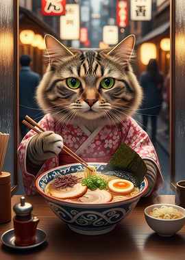 Cat in Kimono Eating Ramen