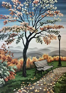 Autumn Park Bench Landscape Painting