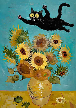 Black Cat and Sunflowers Painting