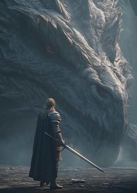 À Lonely Knight facing a giant stone dragon