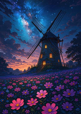 Windmill and Flowers Under Starry Sky
