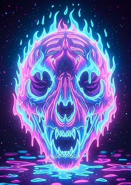 Neon Tiger Skull with Flames Digital Art