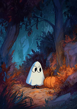 Cute Ghost and Pumpkin in Forest