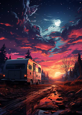 Retro Camper Van at Sunset