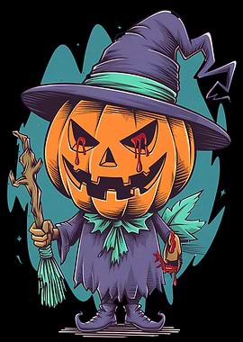 Spooky Pumpkin Character with Witch Hat