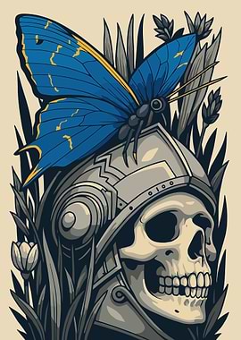 Butterfly on Skull with Helmet